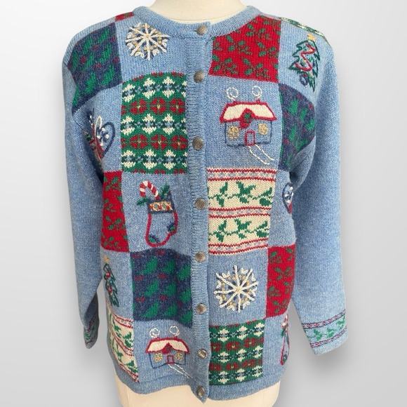 Vtg Talbots Cardigan Sweater Size Small Wool Christmas Holiday Snowflake‎ Silver